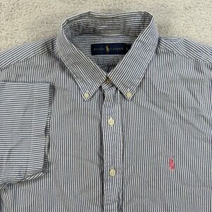 Ralph Lauren Shirt Mens Large Blue Seersucker Short Sleeve Pony Striped Button